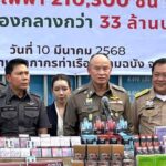 รอง ผบ.ตร. – ผู้ช่วย ผบ.ตร. ร่วมแถลง ตรวจยึดบุหรี่ไฟฟ้าและอุปกรณ์คาท่าเรือแหลมฉบัง ของกลางเพียบ 210,300 ชิ้น