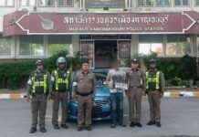 กาญจนบุรี/ทำเนียนใจสู้ขับรถเถื่อนเข้าด่านจราจร ไม่รอดผิดข้อหาปลอมทะเบียนรถ อ้างไม่รู้ว่าปลอม